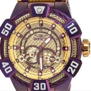 INVICTA BOLT AUTOMATIC 52MM OPEN HEART GLASS FIBER PURPLE AND GOLD BRACELET